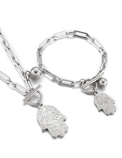 Fashion Silver Titanium Carved Palm Bracelet Necklace Set