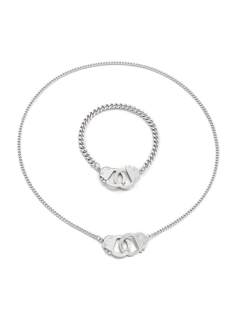 Fashion Silver Titanium Steel Handcuffs Bracelet Necklace Set