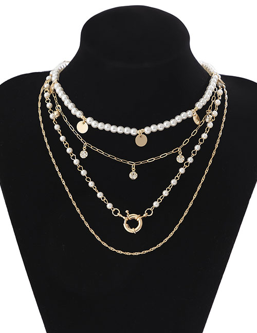 Fashion Gold Alloy Diamond Geometric Pearl Beaded Disc Fringe Rudder Multilayer Necklace