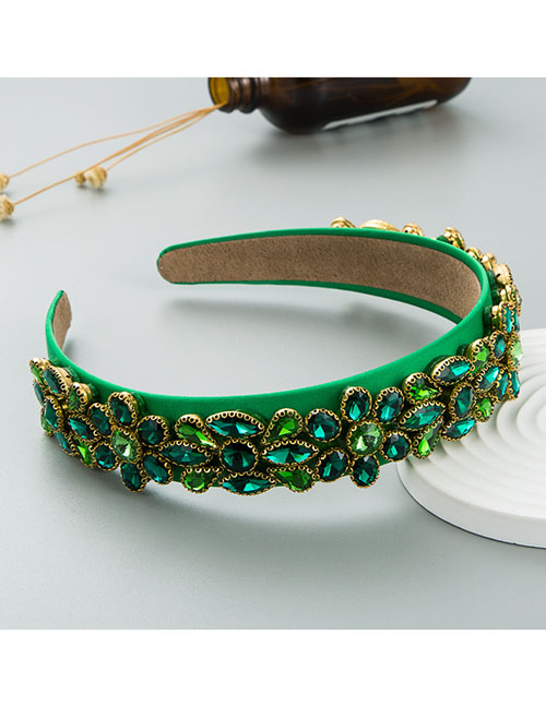 Fashion Green Fabric Diamond-studded Wide-brimmed Sponge Headband