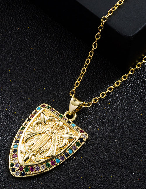Fashion Color Zirconium Zirconium Shield Character Necklace In Gold Plated Copper