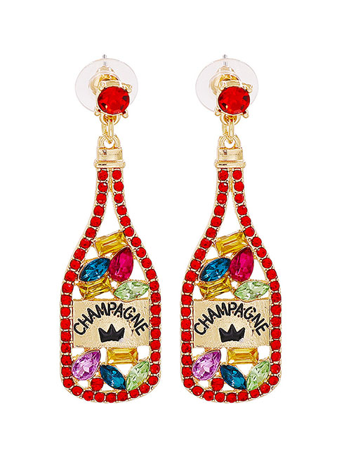 Fashion Red Alloy Diamond Wine Bottle Stud Earrings
