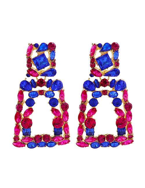 Fashion Blue+red Alloy Diamond Geometric Trapezoid Stud Earrings