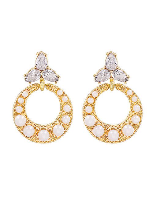 Fashion Gold Alloy Diamond And Pearl Hoop Stud Earrings