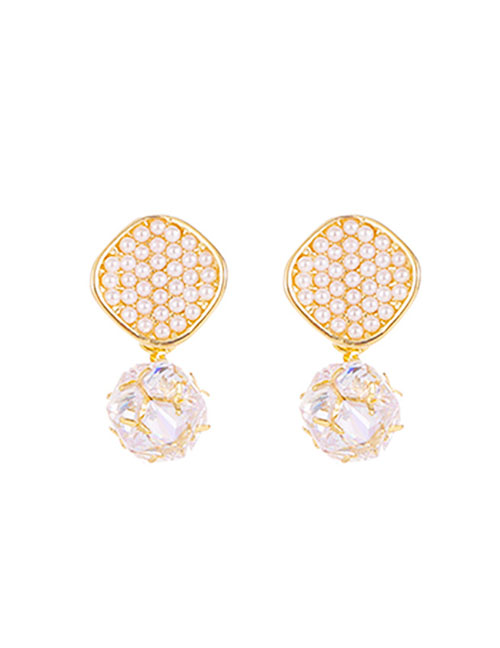 Fashion Gold Brass Diamond And Pearl Diamond Ball Stud Earrings