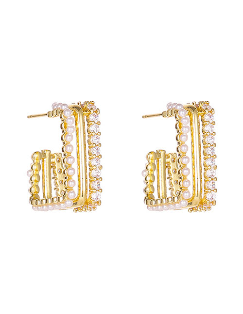 Fashion Gold Brass Diamond And Pearl Geometric Square Stud Earrings