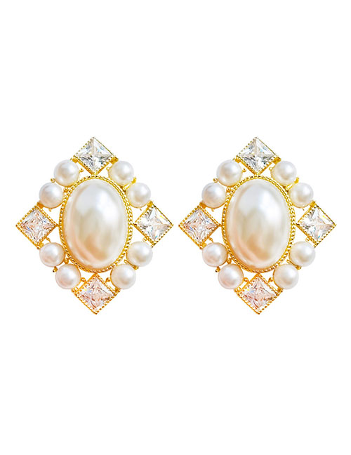 Fashion Gold Brass Diamond And Pearl Diamond Stud Earrings