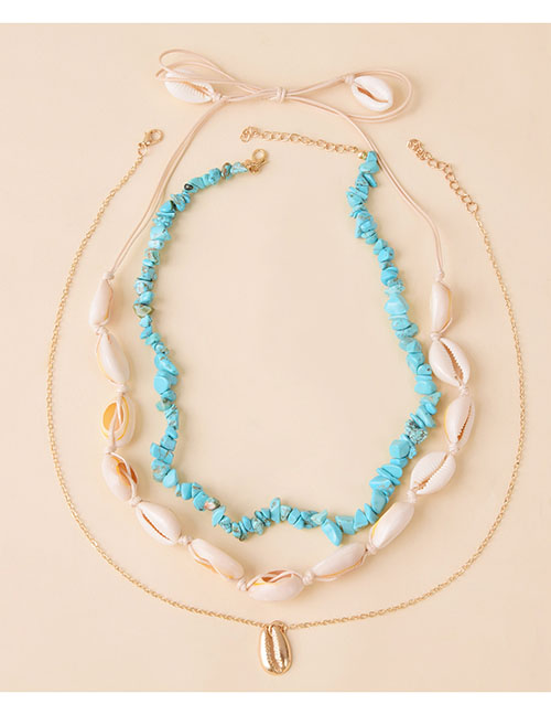 Fashion Blue Geometric Gravel Beaded Shell Layered Necklace