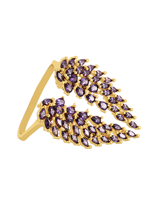 Fashion Purple Copper Set Zircon Leaf Wing Ring