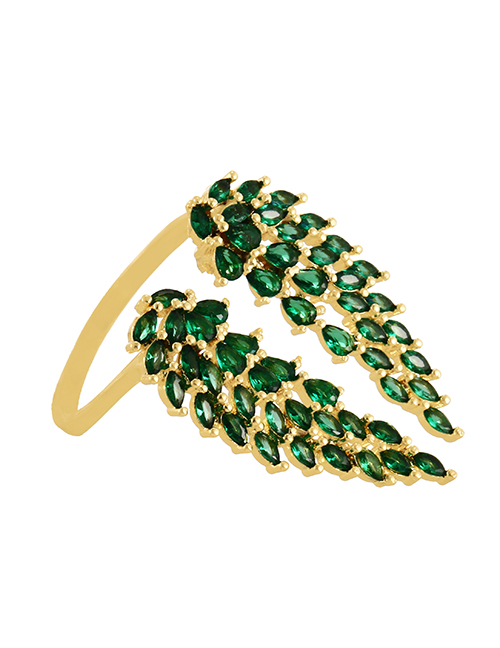 Fashion Green Copper Set Zircon Leaf Wing Ring