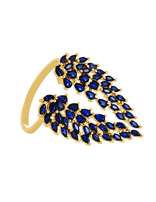 Fashion Navy Blue Copper Set Zircon Leaf Wing Ring