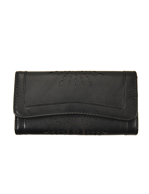 Fashion Long Black Pu Leather Hollow Multi-card Slot Wallet