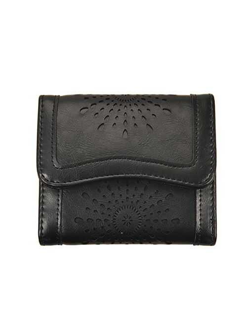 Fashion Short Black Pu Leather Hollow Multi-card Slot Wallet