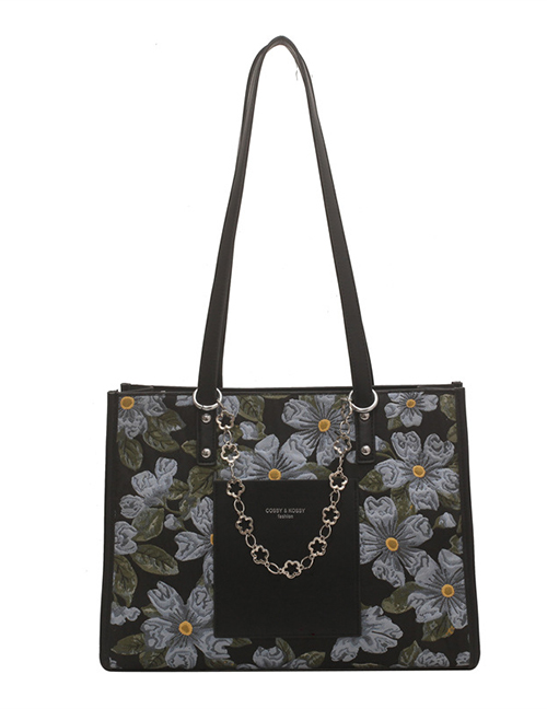 Fashion Black Large Capacity Three-dimensional Embroidery Shoulder Bag