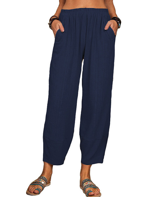 Fashion Dark Blue Cotton And Linen Straight Trousers