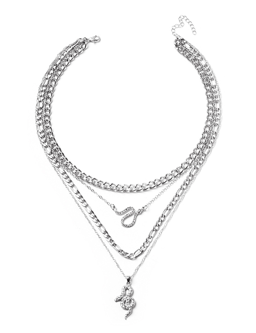 Fashion Silver Alloy Diamond Snake Layered Necklace