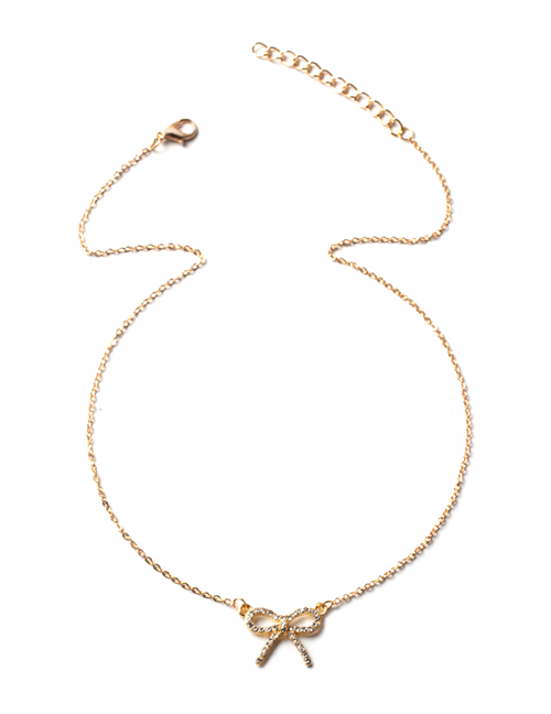 Fashion Gold Alloy Diamond Bow Necklace