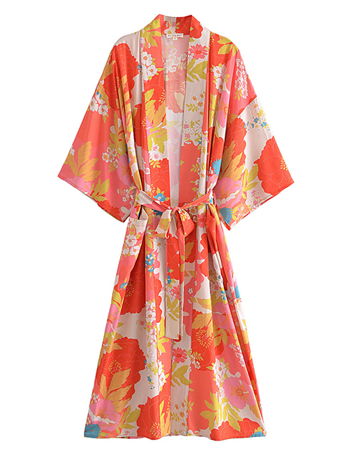 Fashion Red Cotton Print Tie Kimono Jacket