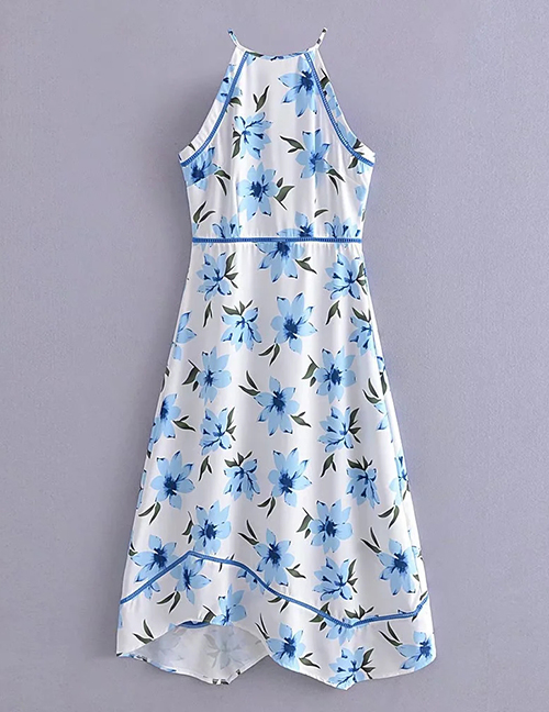Fashion Blue Woven Print Irregular Hem Dress
