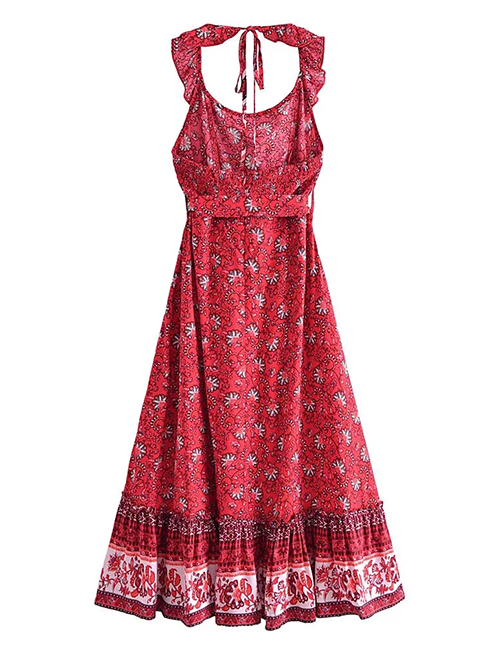 Fashion Red Rayon Print Halterneck Dress