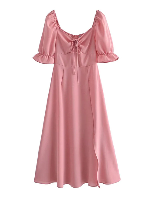Fashion Pink Woven Square Neck Tie Dress