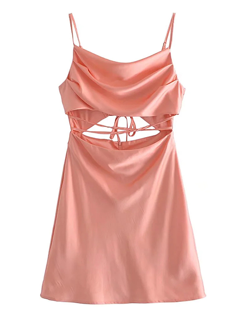 Fashion Pink Satin Lace-up Cutout Drop-neck Slip Dress
