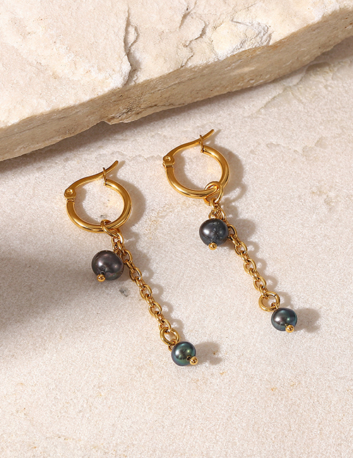 Fashion Gold Stainless Steel Black Pearl Tassel Earrings