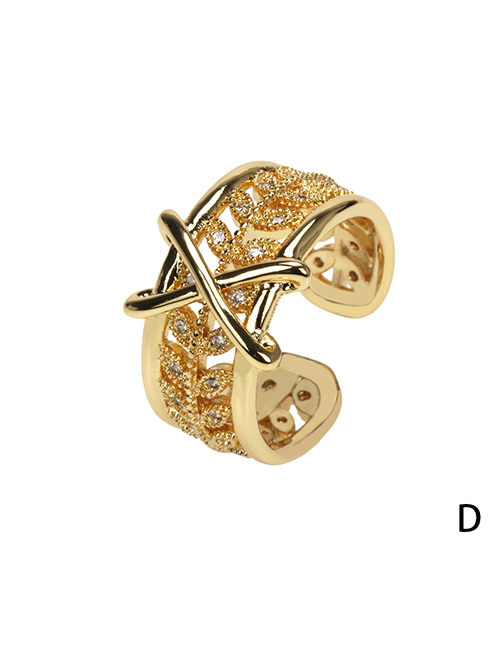 Fashion D White Diamond Leaves Brass Zirconium Leaf Cross Open Ring