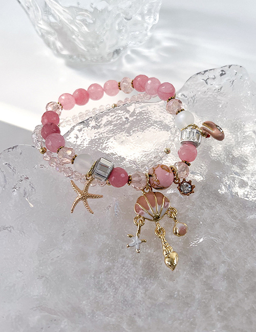 Fashion B Dark Pink Crystal Beaded Starfish Shell Conch Bracelet