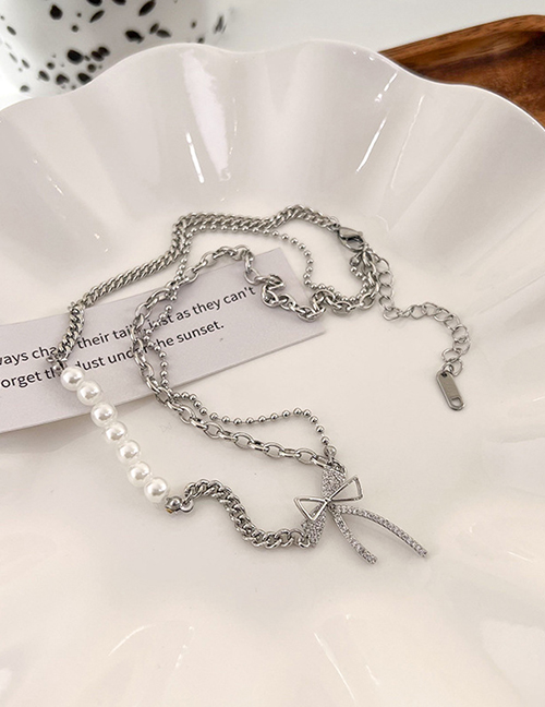 Fashion Silver Pearl Beaded Chain Bow Necklace