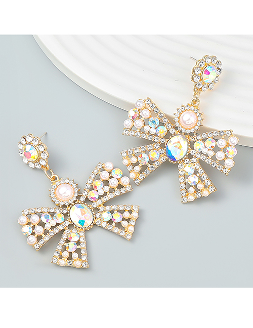 Fashion Ab Color Alloy Diamond And Pearl Bow Stud Earrings