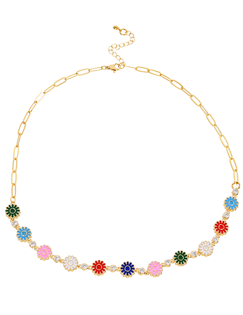 Fashion Color-6 Copper Inlaid Zircon Oil Drop Flower Chain Necklace