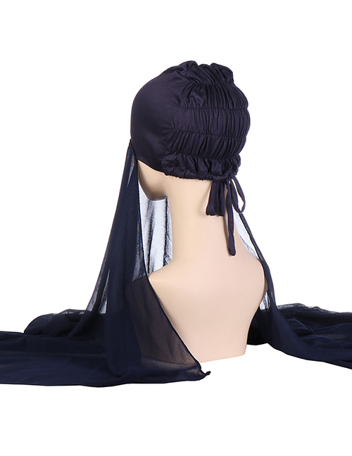 Fashion Navy Blue Polyester Pleated Lace-up Mesh Hood + Scarf