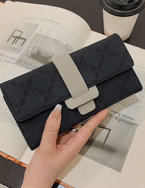 Fashion Black Pu Geometric Pattern Belt Buckle Tri-fold Multi-card Wallet
