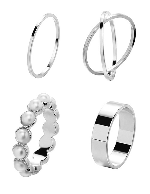 Fashion Silver Color Alloy Geometric Pearl Cross Ring Set