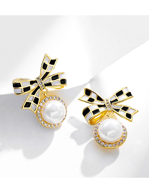 Fashion Gold Color Brass Inlaid Zirconium Pearl Oil Drop Check Bow Stud Earrings