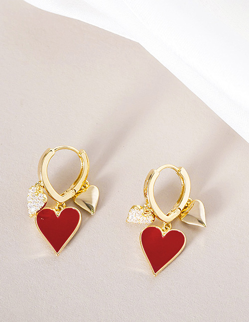Fashion Gold Color Bronze Diamond Drip Oil Heart Earrings