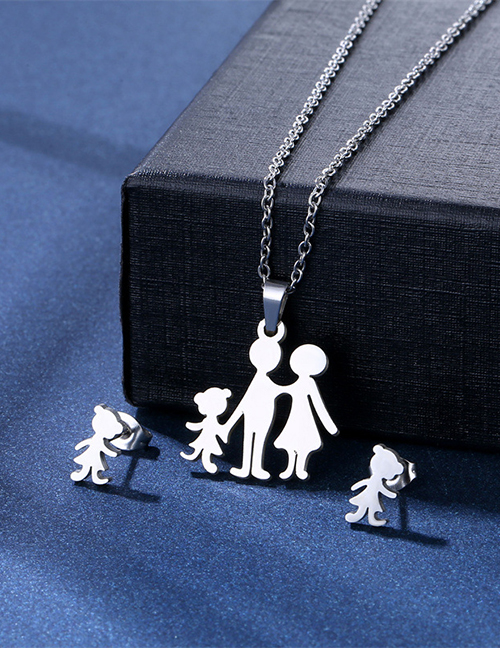Fashion Silver Color Titanium Steel Glossy Family Stud Necklace Set