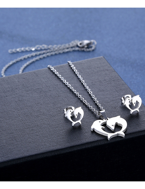 Fashion Silver Color Titanium Glossy Dolphin Stud Necklace Set