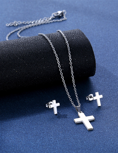 Fashion Silver Color Titanium Glossy Cross Stud Necklace Set