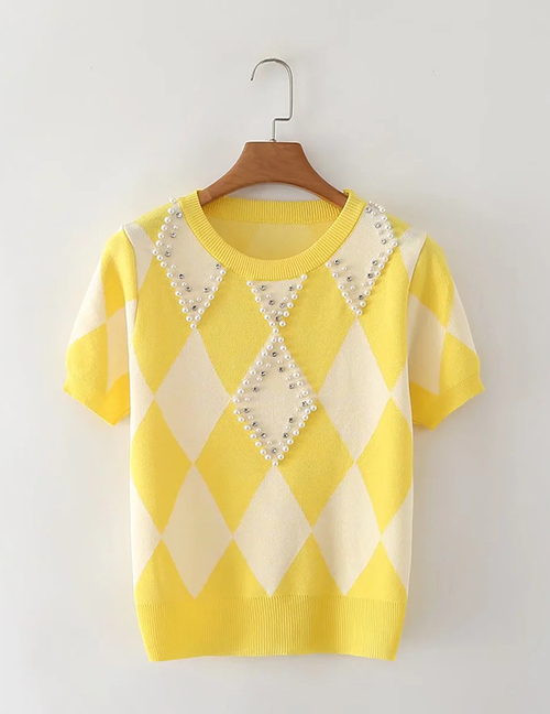 Fashion Yellow Polyester Quilted Pearl Short-sleeved Top