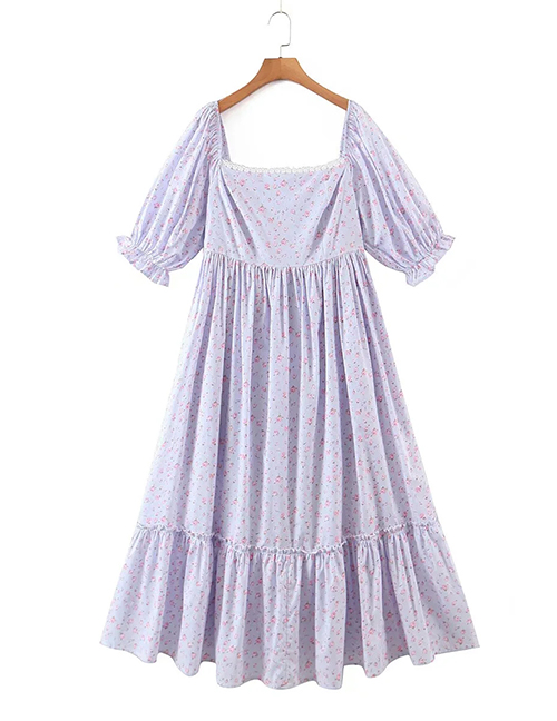 Fashion Purple Cotton Print Square Neck Dress