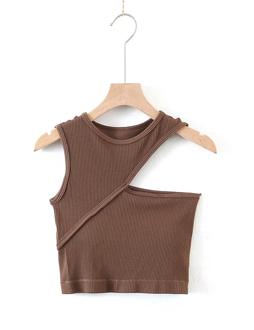 Fashion Brown Threaded Cotton One-shoulder Cutout Tank Top