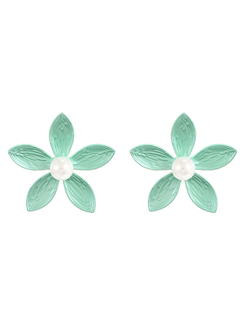Fashion Green Alloy Pearl Flower Stud Earrings