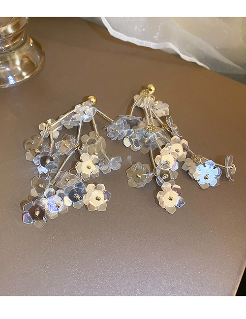 Fashion Silver Geometric Sequin Flower Tassel Drop Earrings