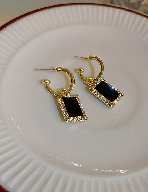 Fashion Black Alloy Diamond Drip Oil Square C-shaped Stud Earrings