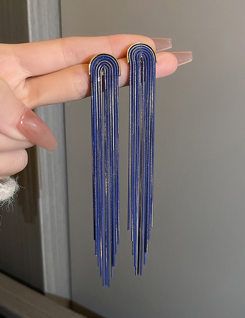Fashion Blue Pure Copper U Shape Chain Long Tassel Drop Earrings