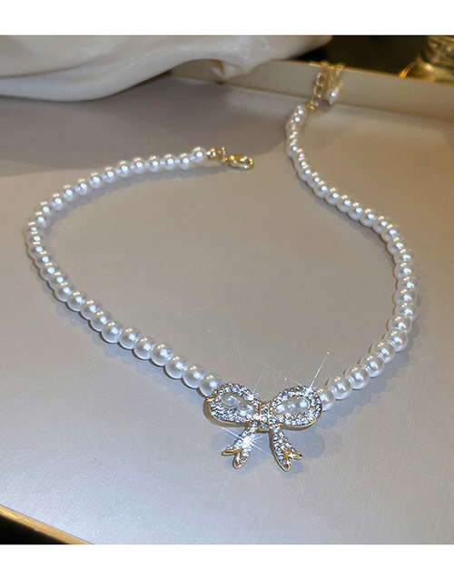 Fashion White Geometric Diamond Bow Pearl Beaded Necklace