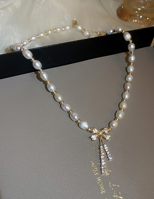 Fashion Gold Geometric Diamond Bow Pearl Beaded Necklace