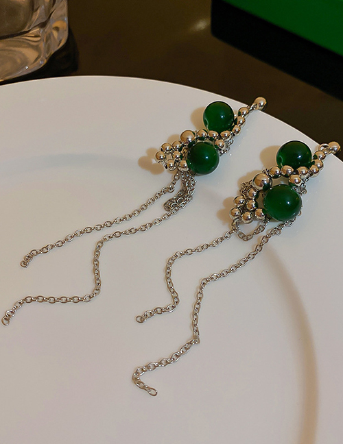 Fashion Green Crystal Bead Chain Tassel Earrings